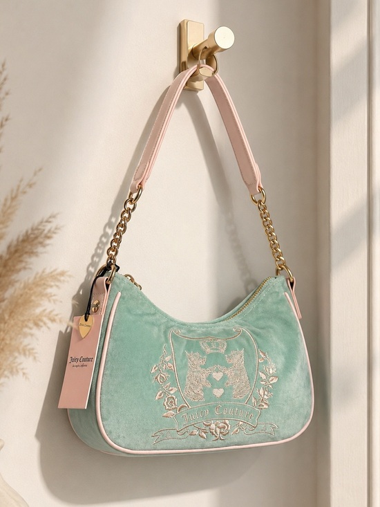 Juicy Couture Handbags - NWT Viral Juicy Couture New Love Chapter Shoulder Bag Frosty Green Velour Crest